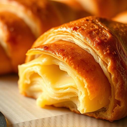 Croissant recién horneado, dorado y crujiente, con una textura hojaldrada perfecta.