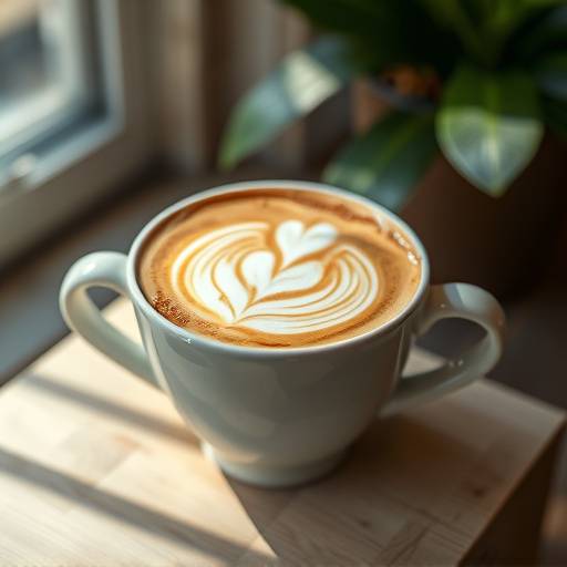 Delicioso café latte con arte en la espuma, servido en una taza de cerámica.