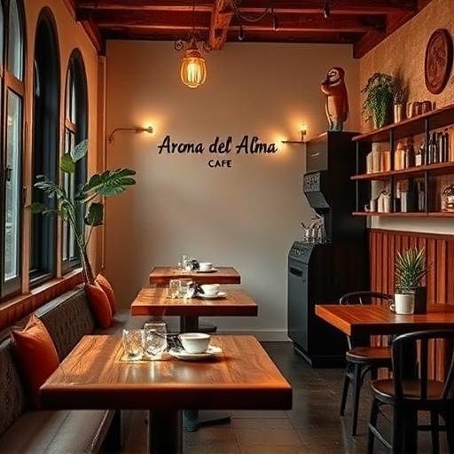 Interior acogedor de Café Aromas del Alma, con mesas de madera y decoración cálida.