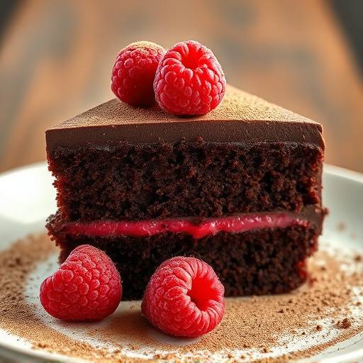 Porción de tarta de chocolate decadente con frambuesas frescas y un toque de cacao en polvo.